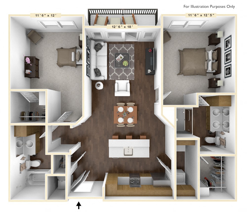 Floor plan for 2 beds, 2 baths, 1091 sqft